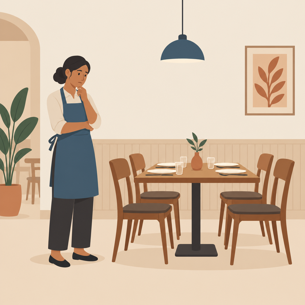 Illustration: a fictional restaurant owner beside an empty dining table before payday.
