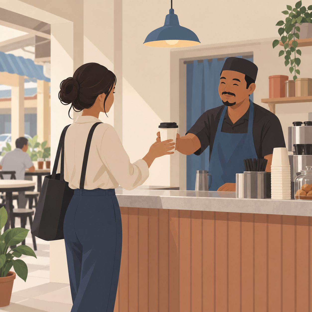 Illustration: a fictional coffee shopkeeper hands a takeaway latte to an office commuter.