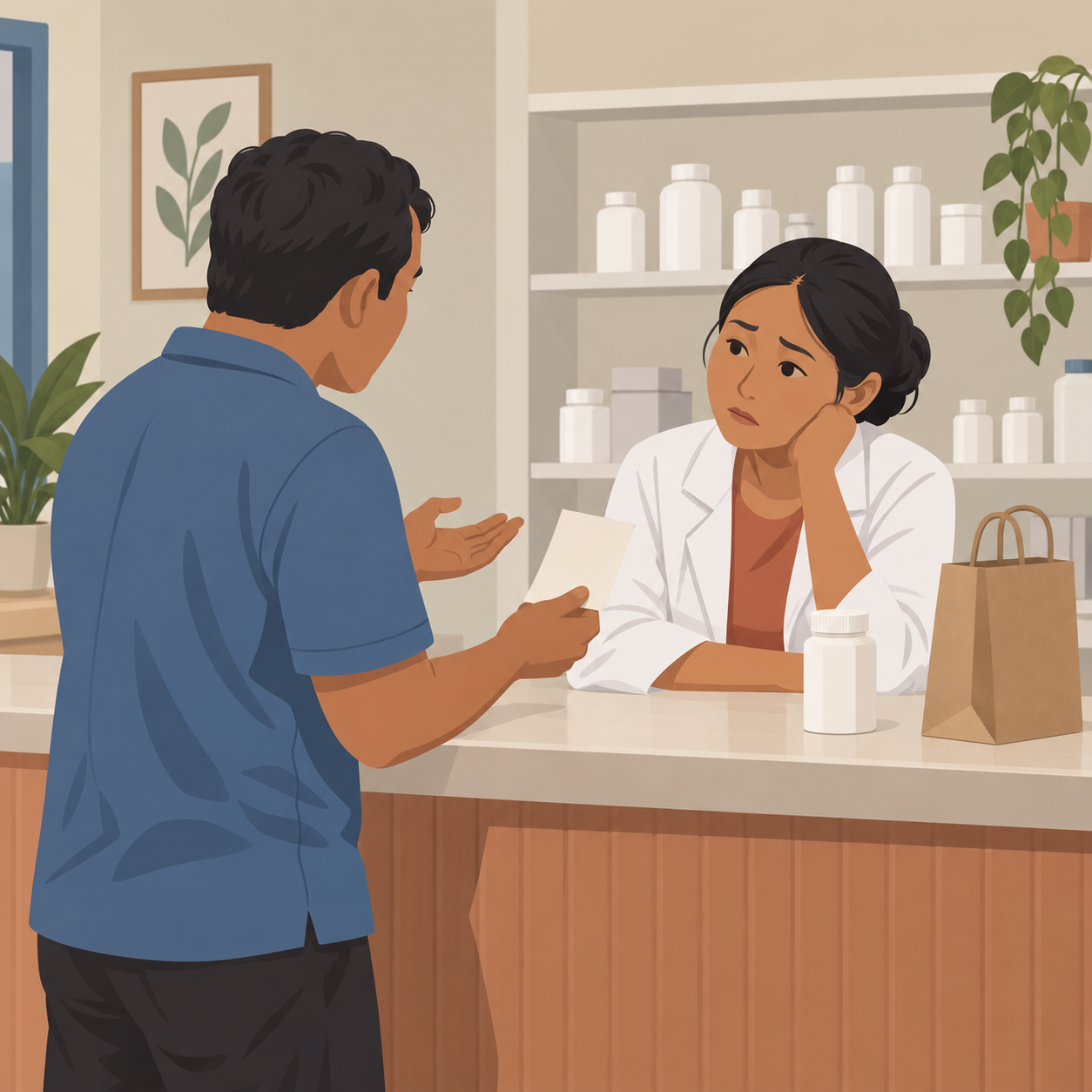 Illustration: a pharmacy owner listens as a customer questions a blank voucher at the counter.