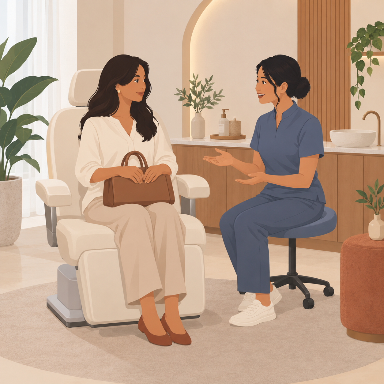 Illustration: a clinic owner talks with a seated client holding her handbag before leaving.