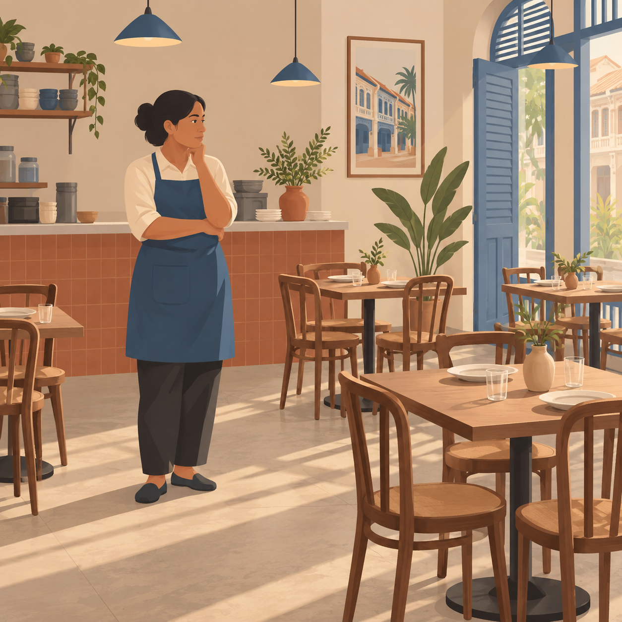 Illustration: a fictional bistro owner waits beside empty afternoon tables in Georgetown.