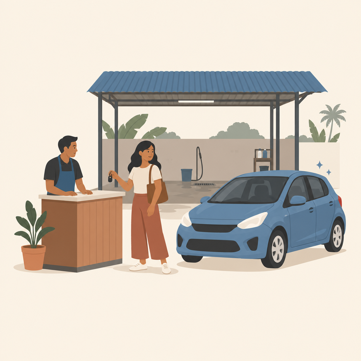 Illustration: a wash owner speaking with a customer beside her clean car.