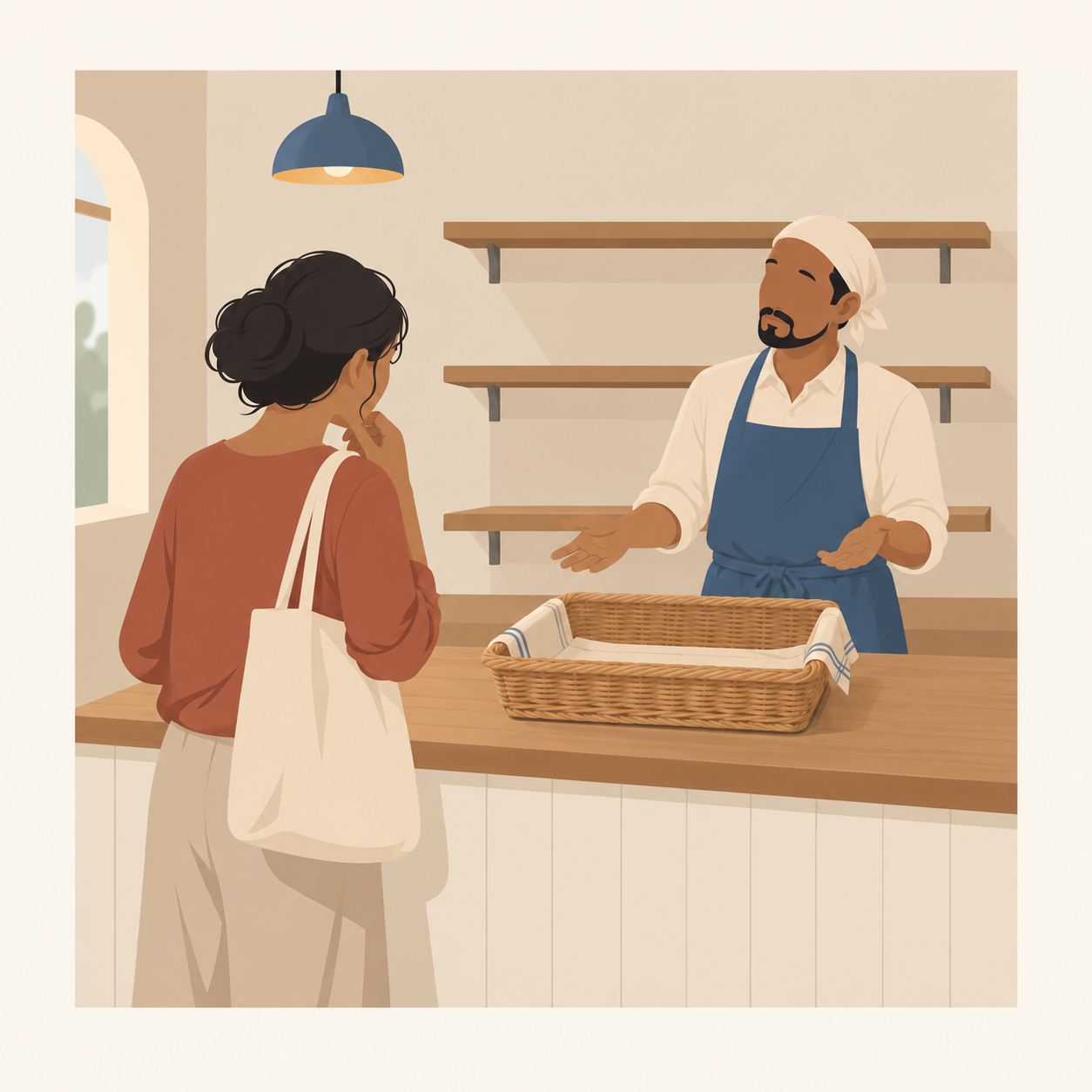 Illustration: a customer faces an empty bread basket while a baker gestures towards bare bakery shelves.