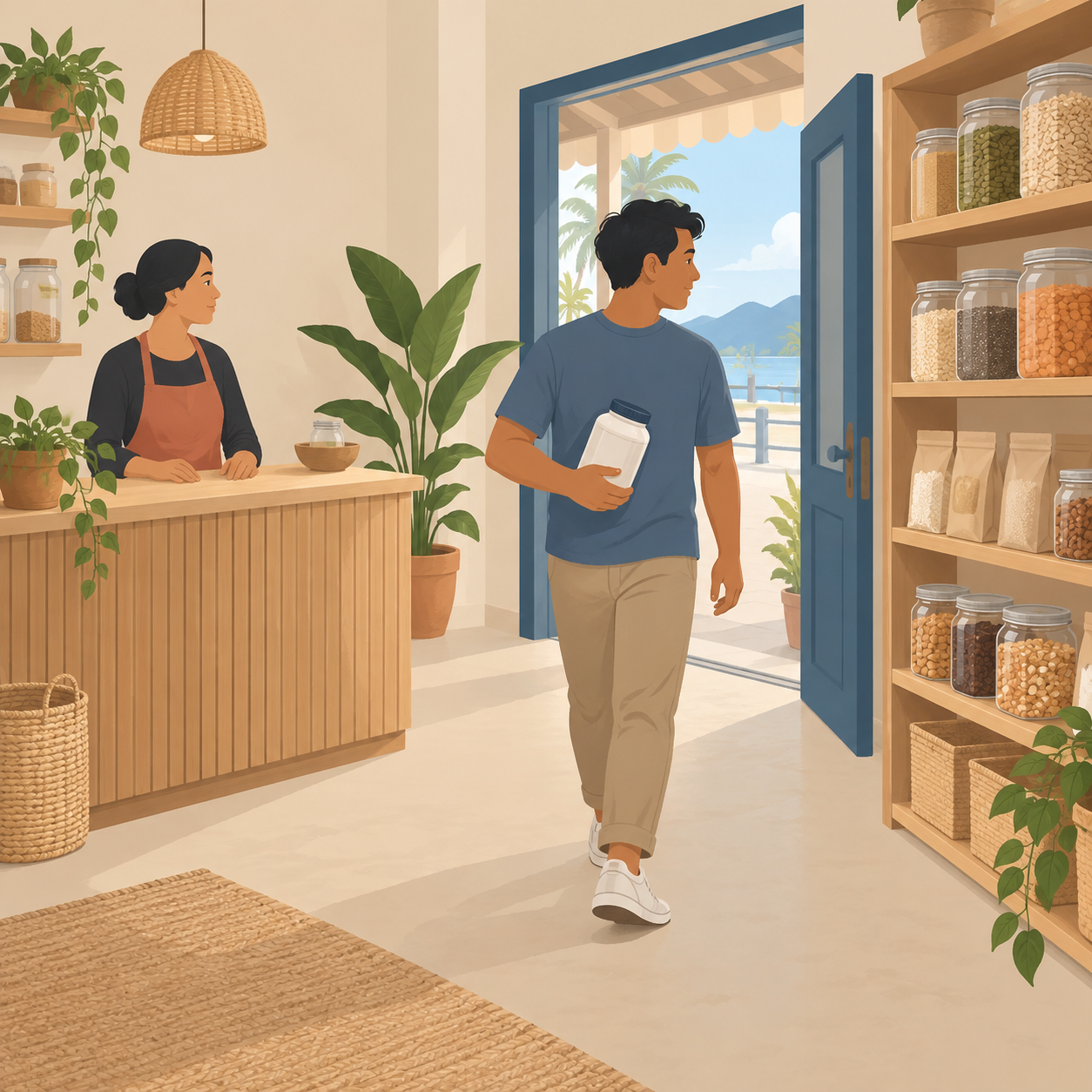 Illustration: a shopper carries a supplement tub past pantry shelves while a shopkeeper watches.