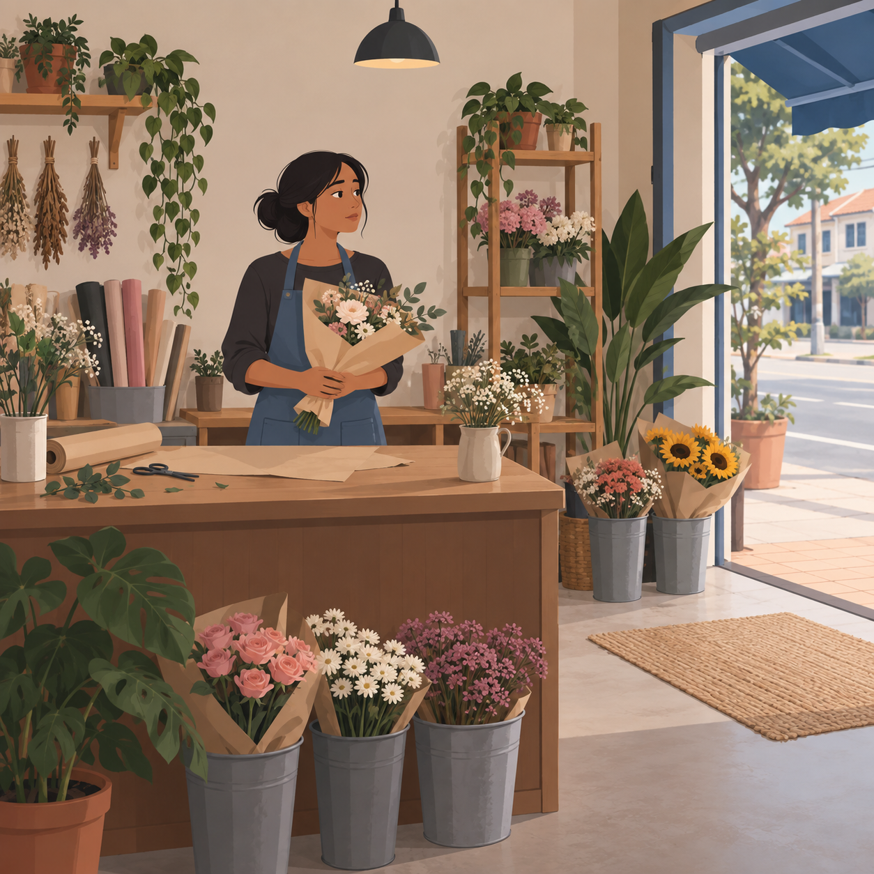 Illustration: a florist holding a bouquet at a quiet flower-wrapping counter in a Malaysian shop.