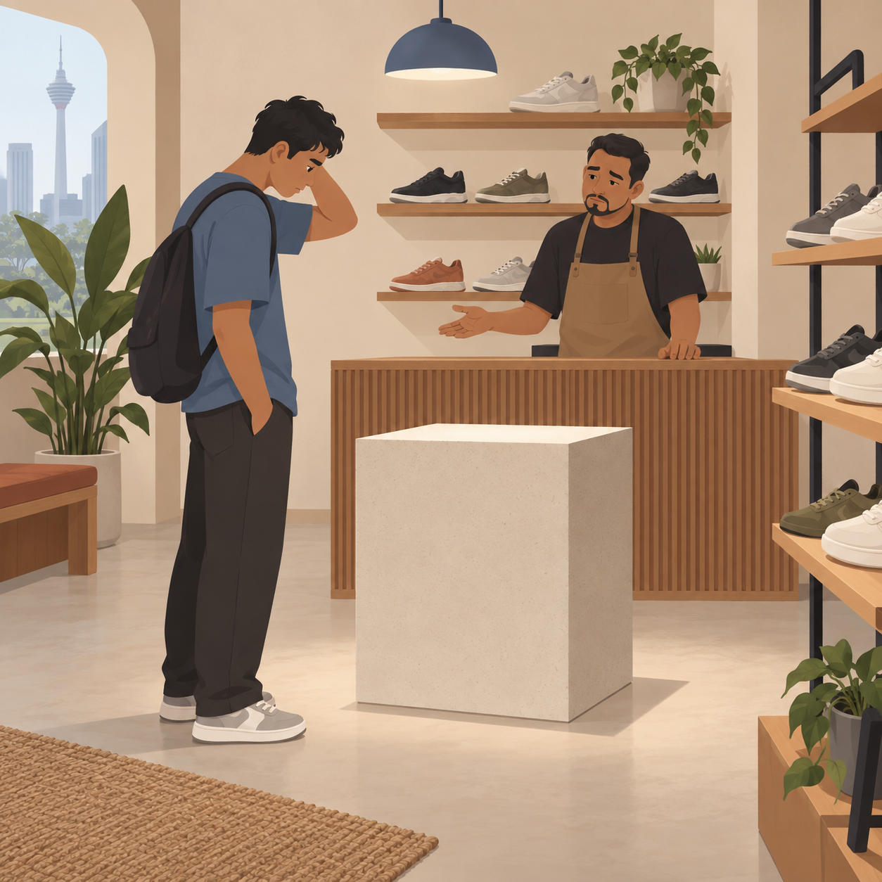 Illustration: a disappointed customer faces an empty display while a sneaker shopkeeper gestures apologetically.