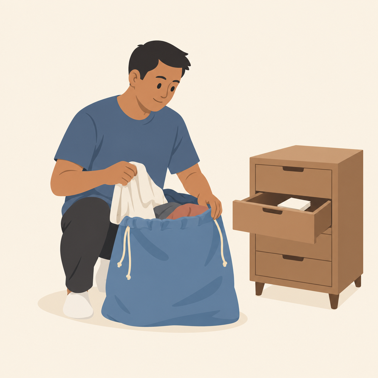 Illustration: a man packing a laundry bag beside an open drawer containing a forgotten blank voucher booklet.