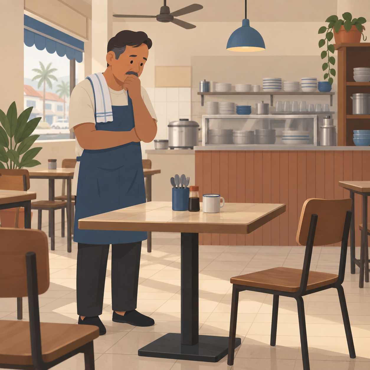 Illustration: a fictional restaurant owner beside an empty dining table in a quiet Malaysian restaurant.