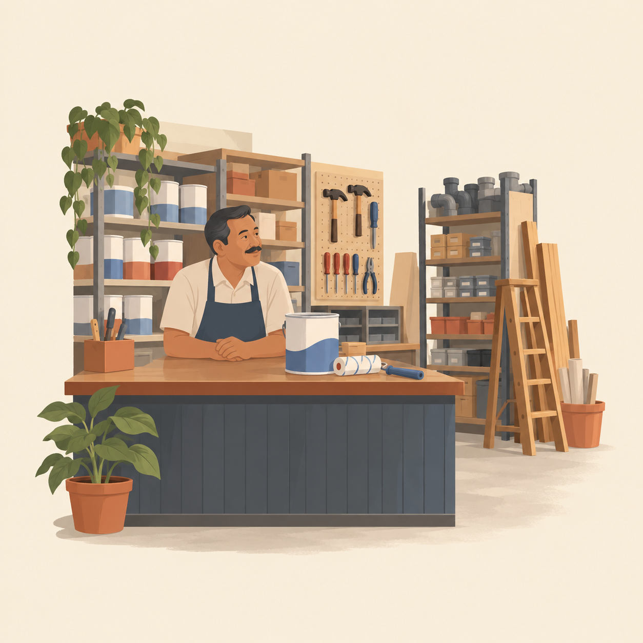 Illustration: a shopkeeper at a quiet Malaysian hardware-store counter beside a paint tin and roller.