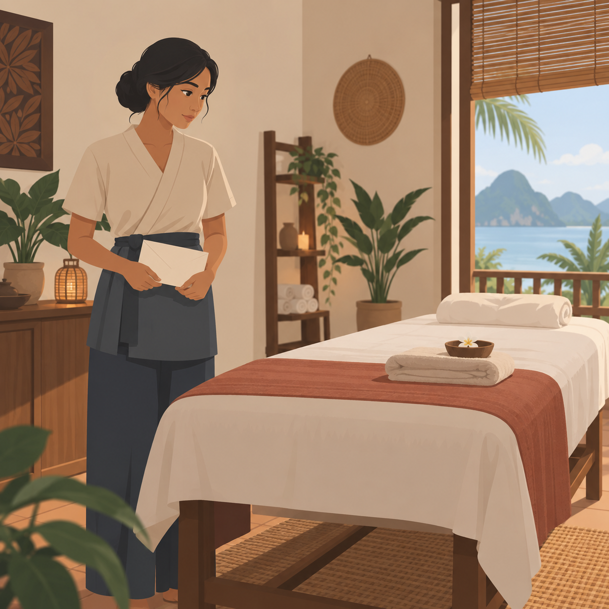 Illustration: a fictional spa owner holding a blank envelope beside an unused treatment bed in a Malaysian spa.