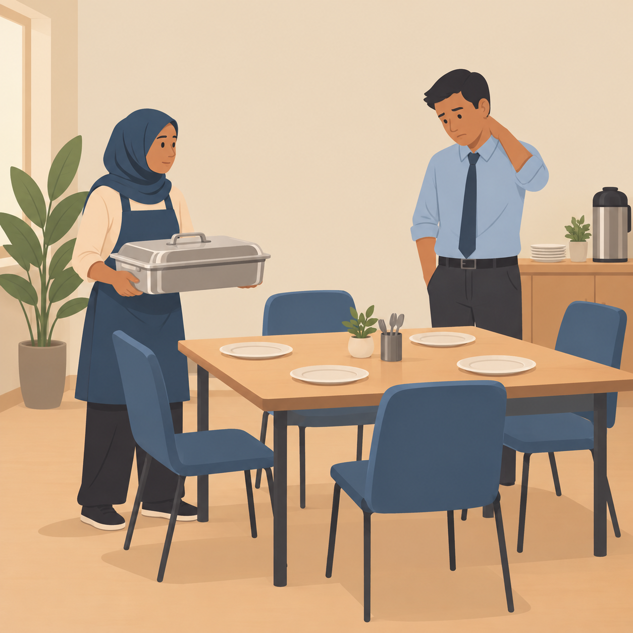 Illustration: a caterer holds a tray beside empty lunch places while a corporate organiser looks disappointed.