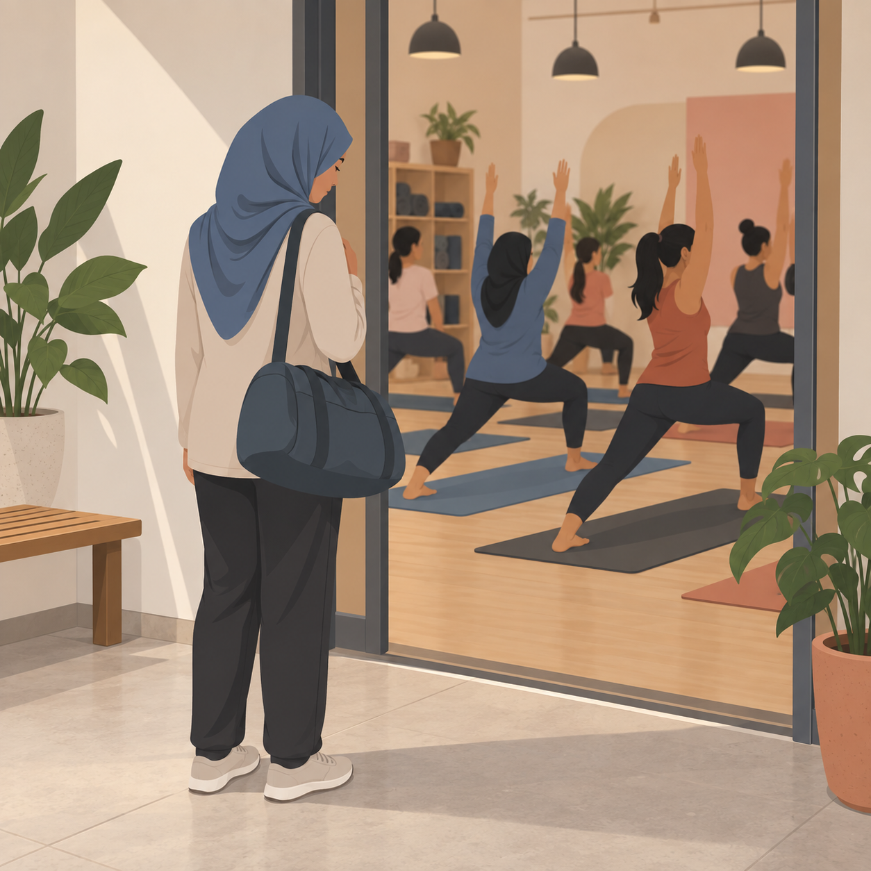 Illustration: a fictional gym member with her gym bag waits outside an exercise studio filled with people on mats.