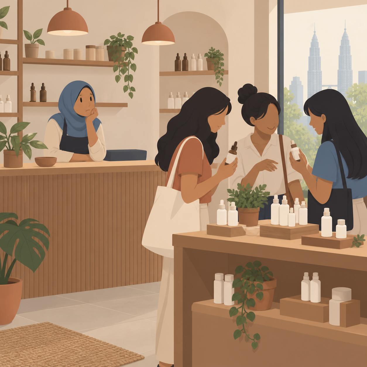 Illustration: a skincare boutique owner watches friends browsing plain serum bottles at her counter.