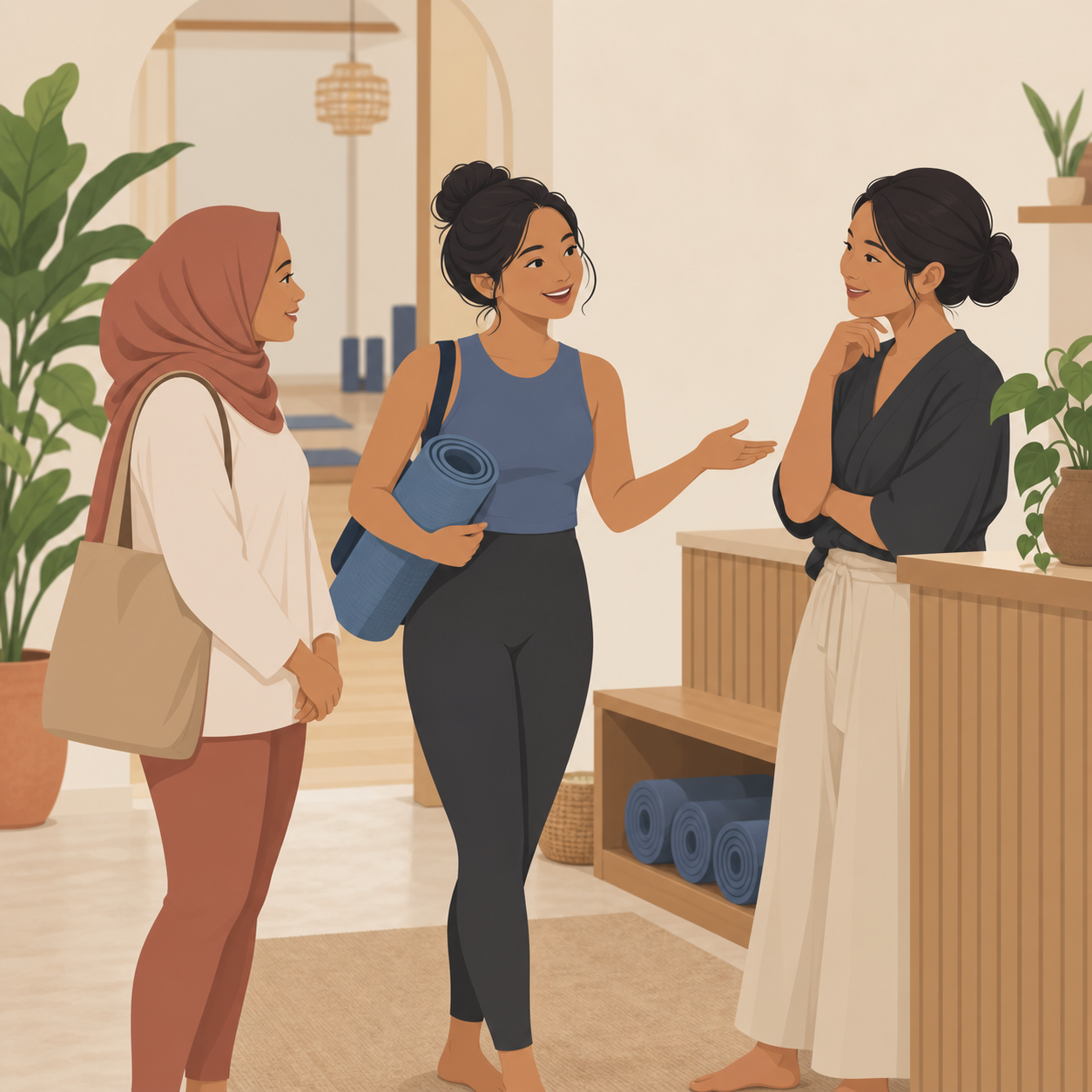 Illustration: a regular client holding an exercise mat introduces a friend to a wellness studio owner.