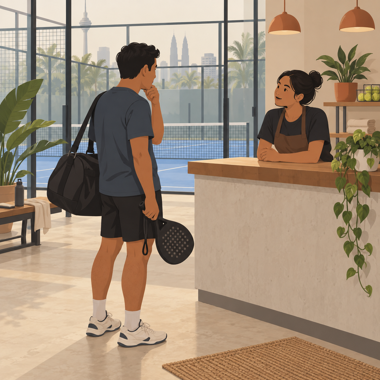 Illustration: an undecided padel player pauses opposite the owner at a quiet club counter.