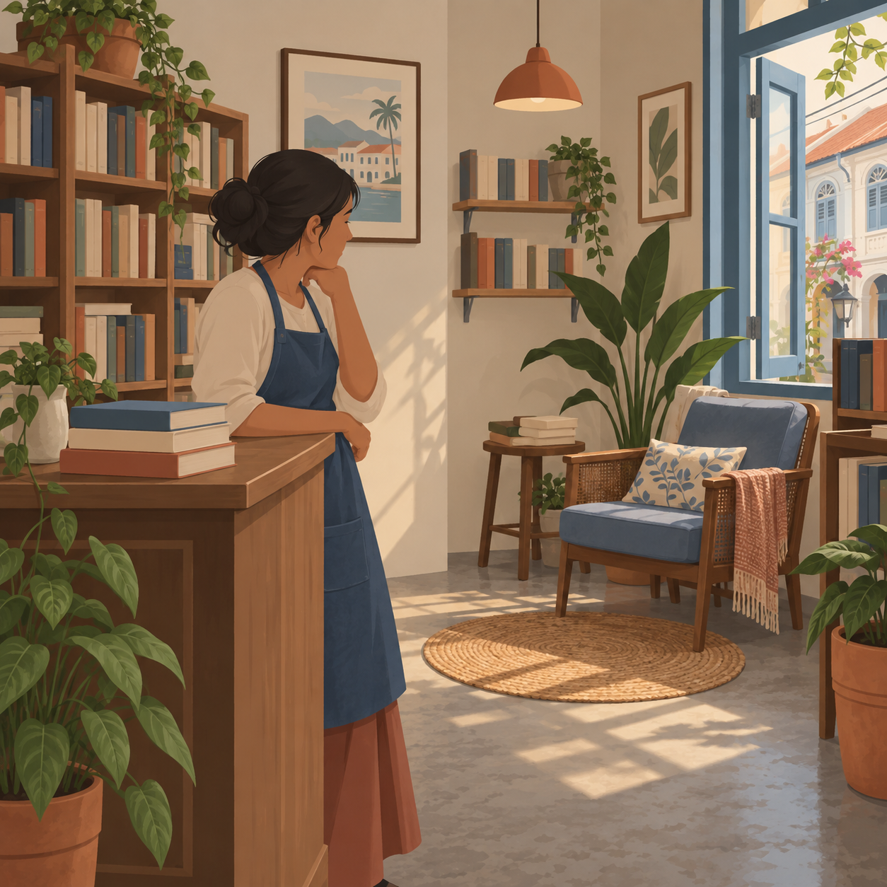 Illustration: a fictional bookshop owner looks towards an empty reading chair in a quiet Penang bookshop.
