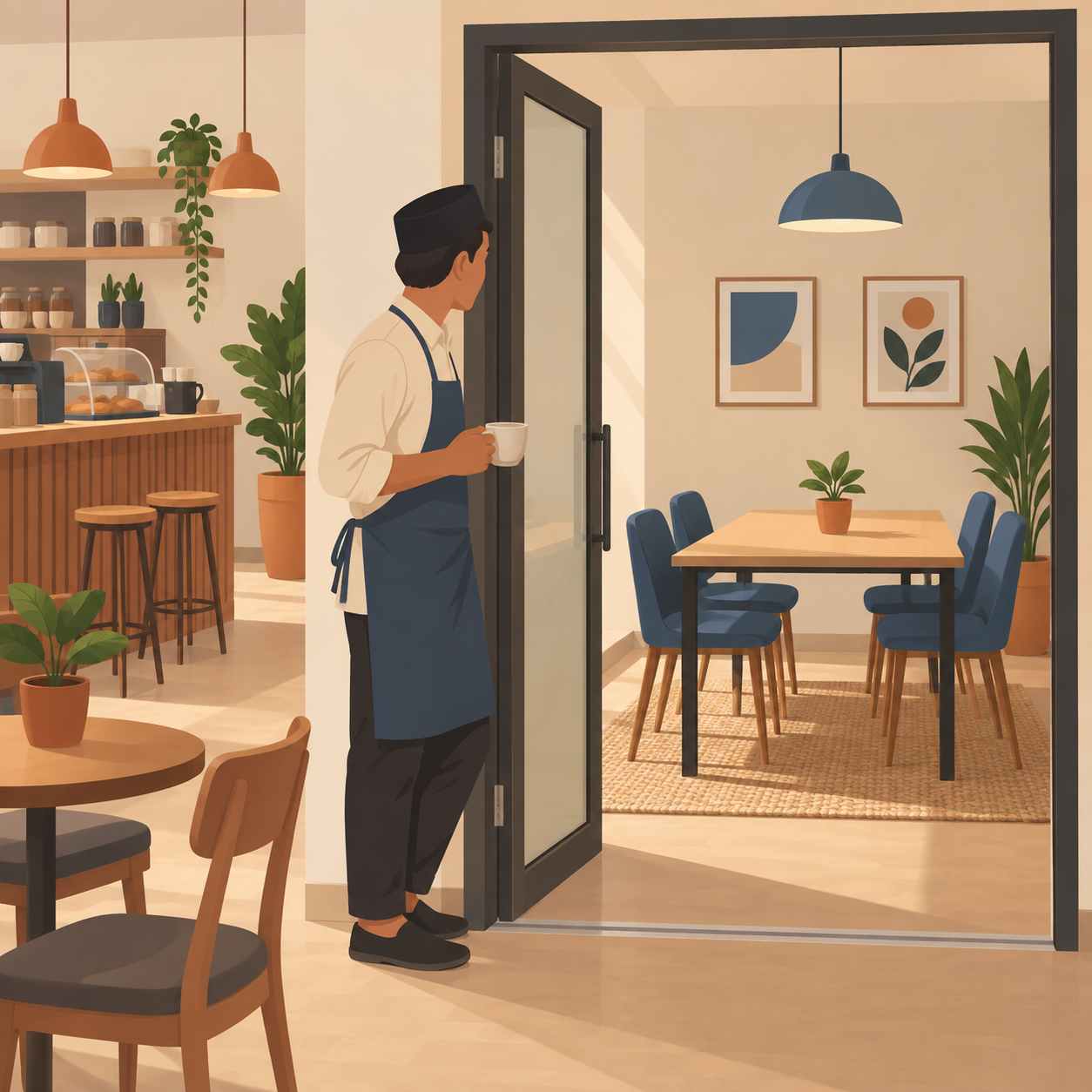 Illustration: a fictional coworking café owner beside an empty meeting room in Kuala Lumpur.
