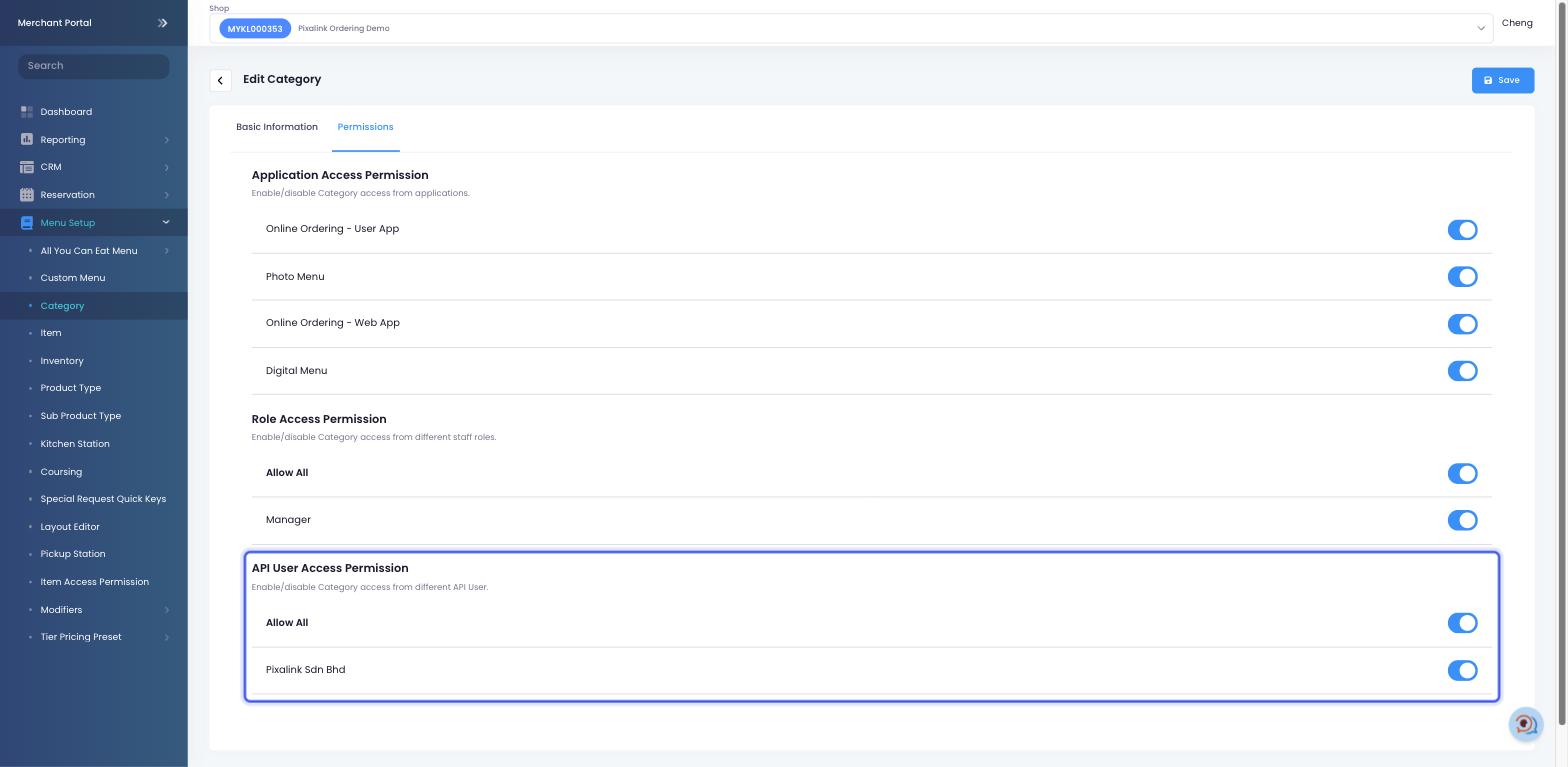 Eats365 Edit Category page on the Permissions tab with the API User Access Permission section highlighted, showing Allow All and Pixalink Sdn Bhd both switched on