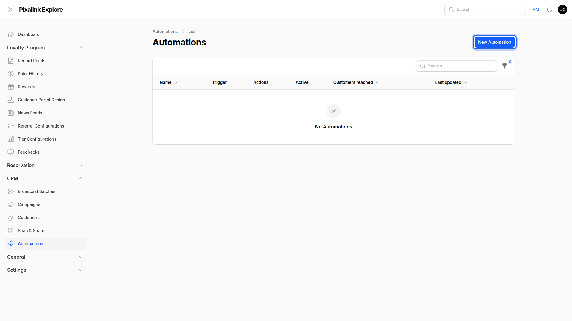 Automations list page with the New Automation button highlighted at the top right