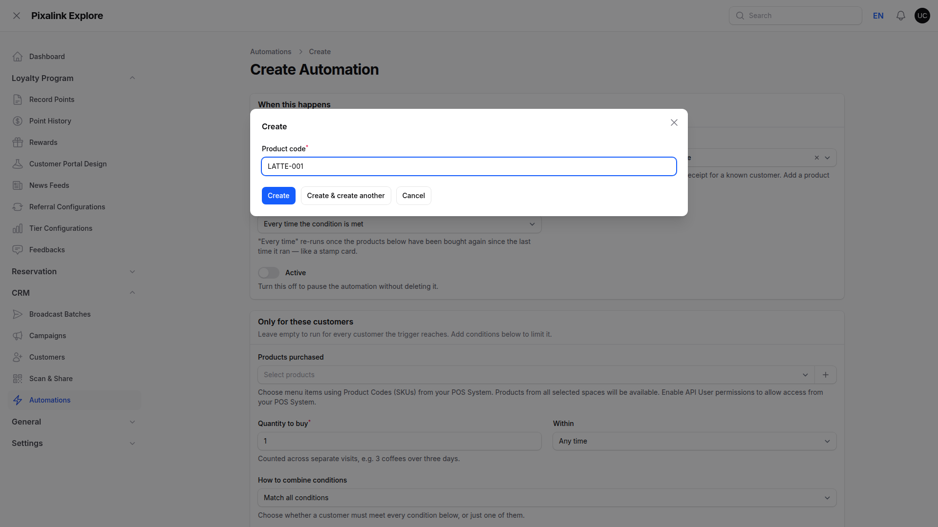 Add a product code window with the Product code field filled in with LATTE-001 and the Create button below