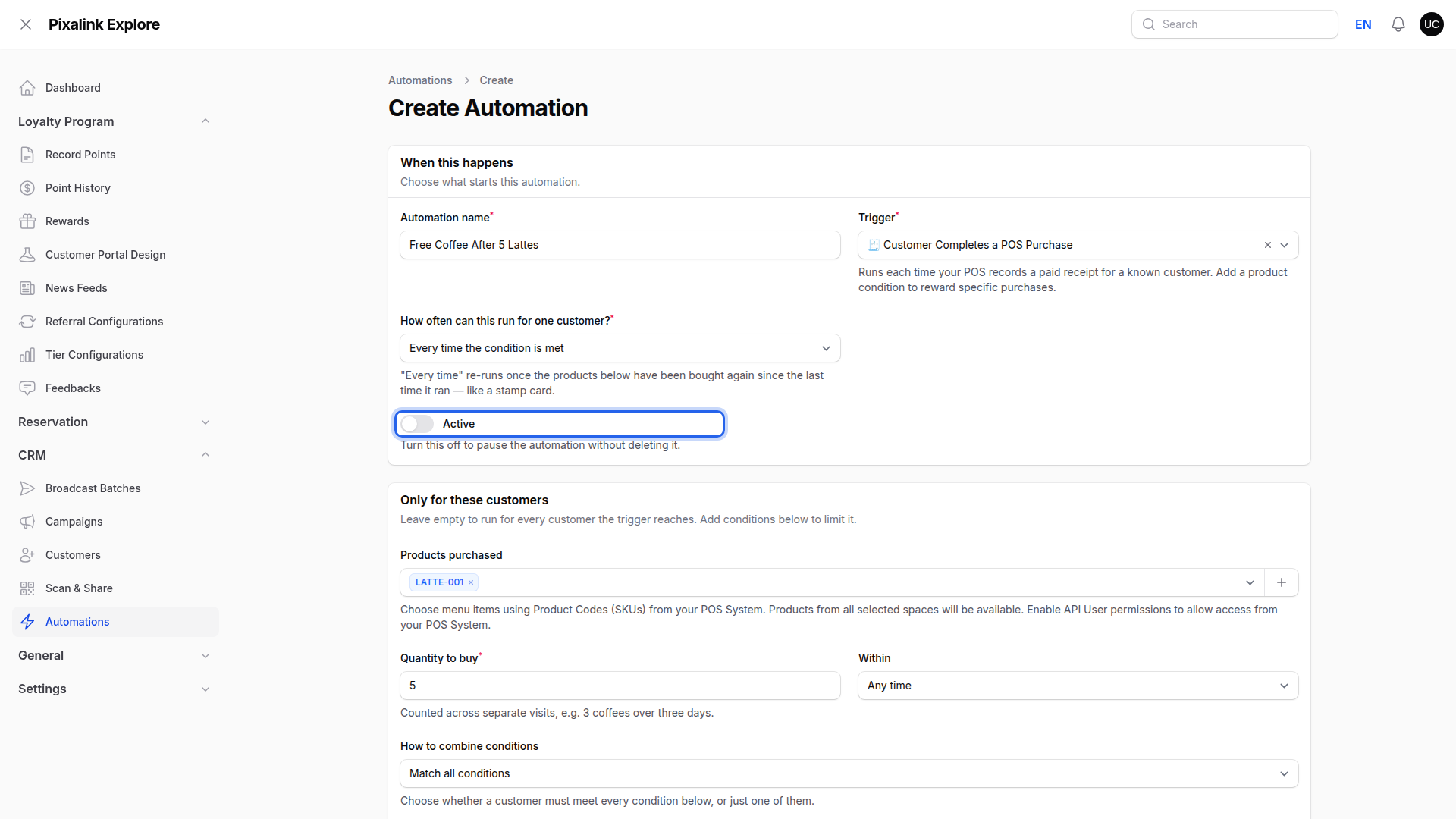 Completed automation form with the Active switch still turned off and highlighted, ready to be switched on before saving