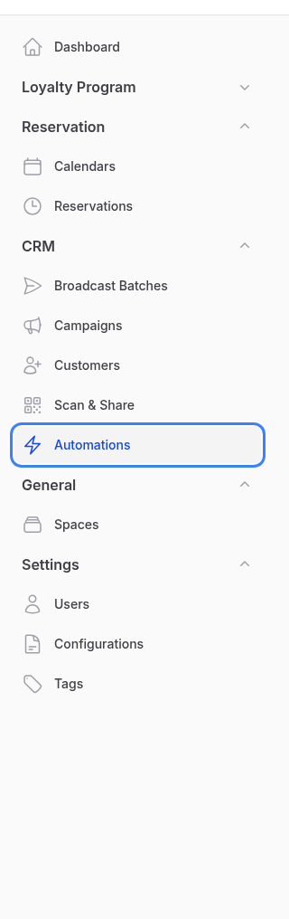 Pixalink admin sidebar with the CRM group expanded and the Automations item highlighted