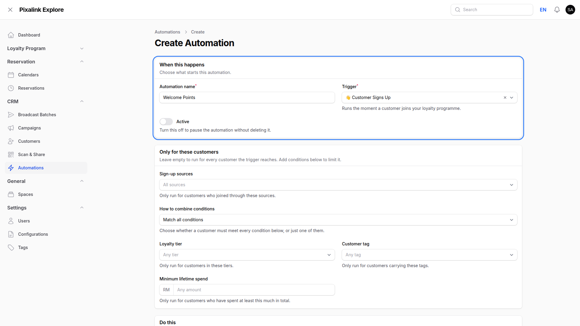 Create Automation page with the When this happens section highlighted, showing Automation name set to Welcome Points and Trigger set to Customer Signs Up
