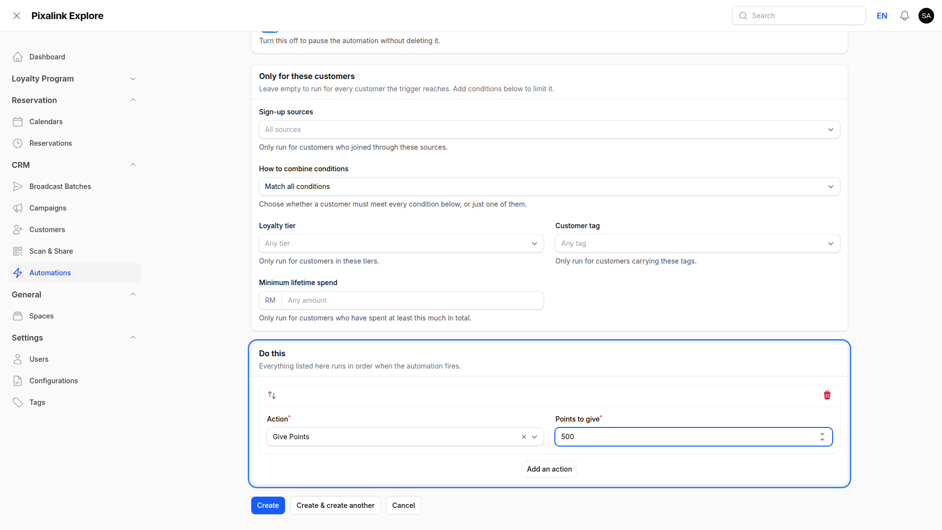 Create Automation page with the Do this section highlighted, showing Action set to Give Points and Points to give set to 500