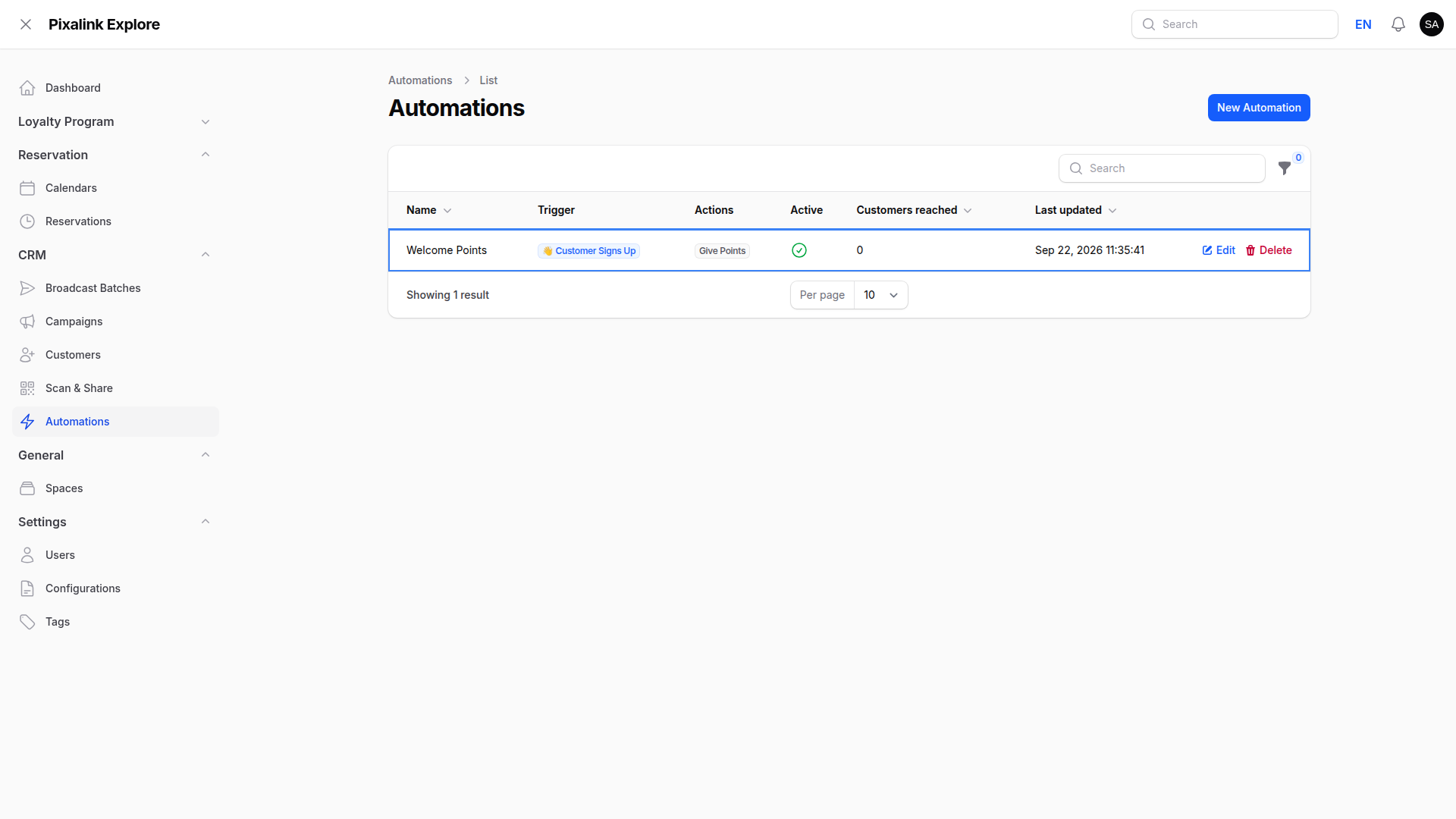 Automations list showing the Welcome Points automation with the Customer Signs Up trigger, a Give Points action, a green Active tick and a Customers reached count
