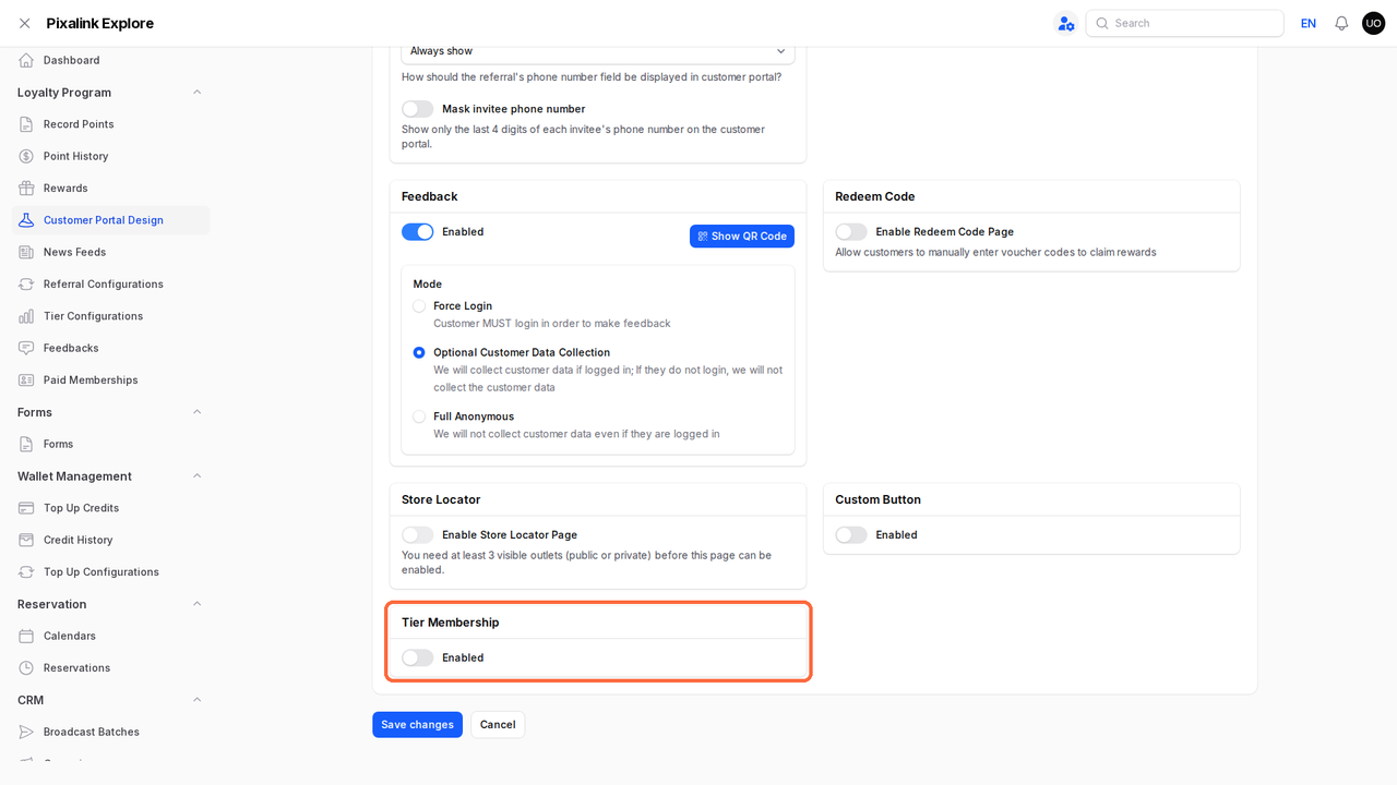 Step 4: Customer Portal Design Feature tab with the Tier Membership section and its Enabled switch highlighted, above the Save changes button
