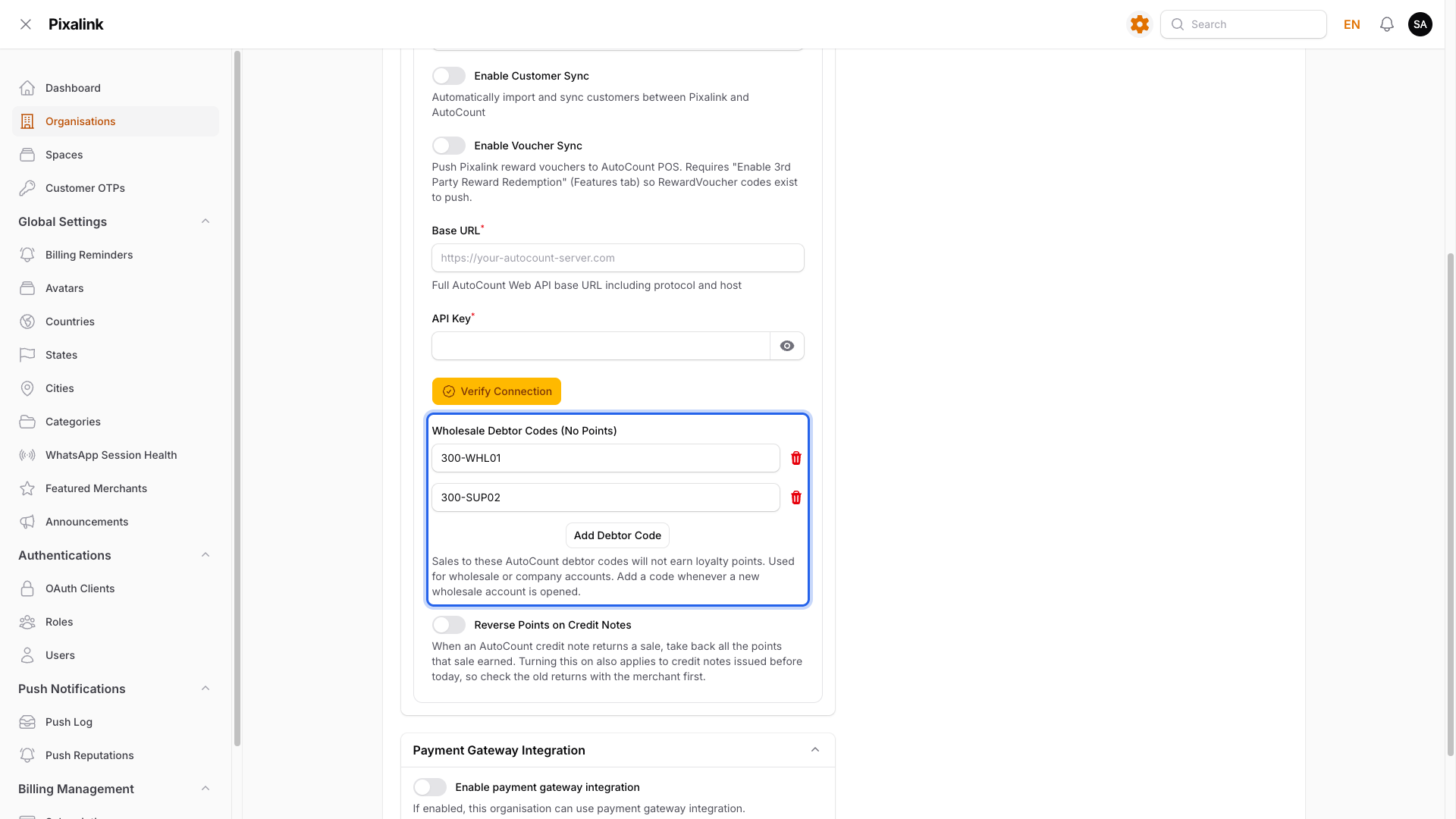 Step 3: The Wholesale Debtor Codes (No Points) list highlighted, with two debtor codes added and the Add Debtor Code button below