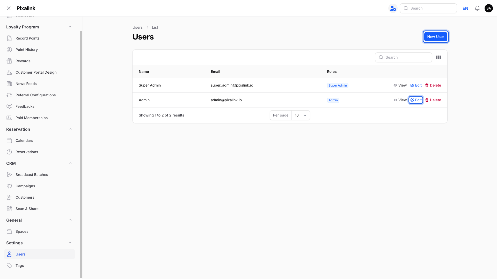 Step 2: The Users list with the New User button and the Edit action highlighted