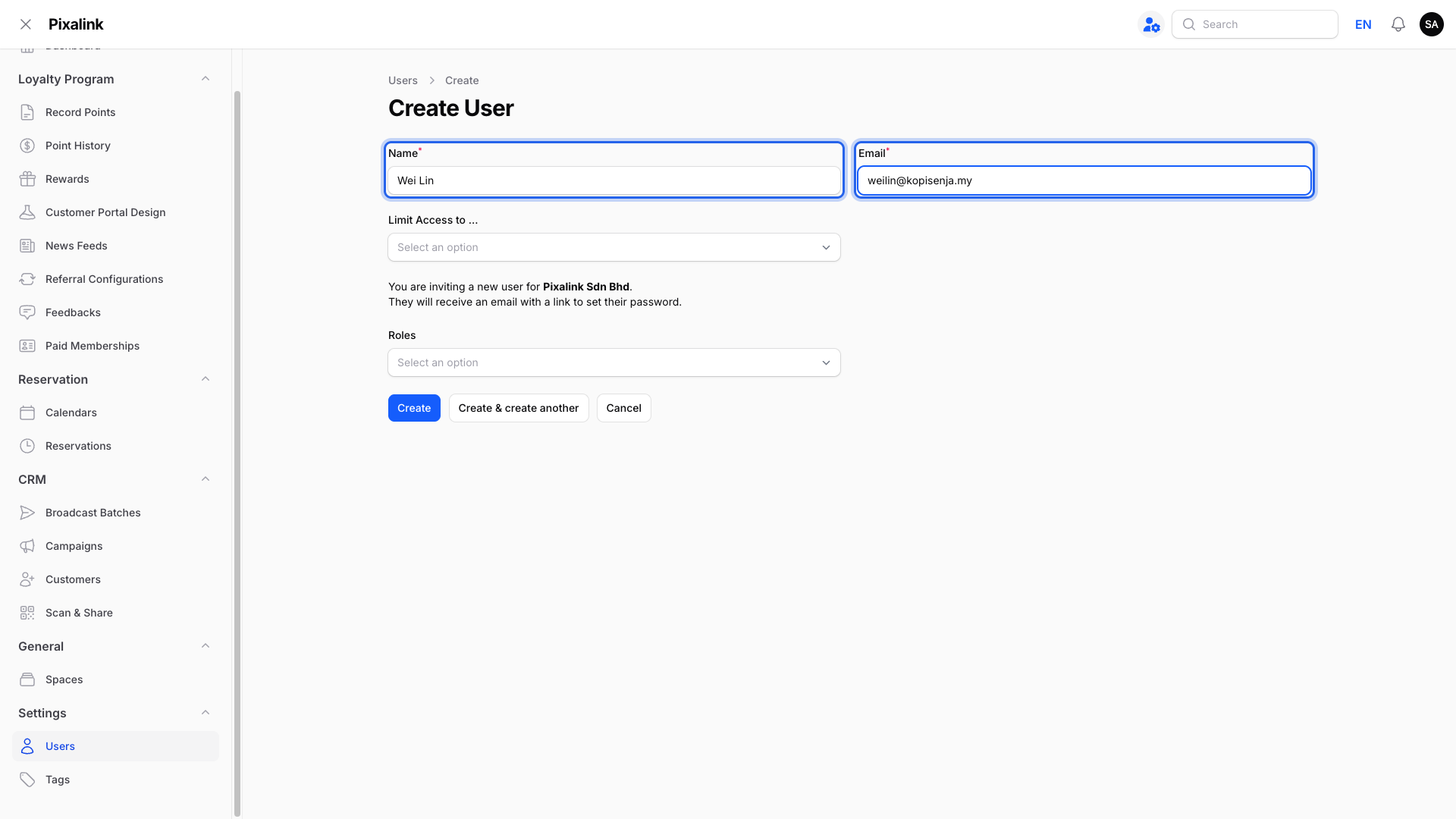 Step 3: The Name and Email fields highlighted on the Create User form