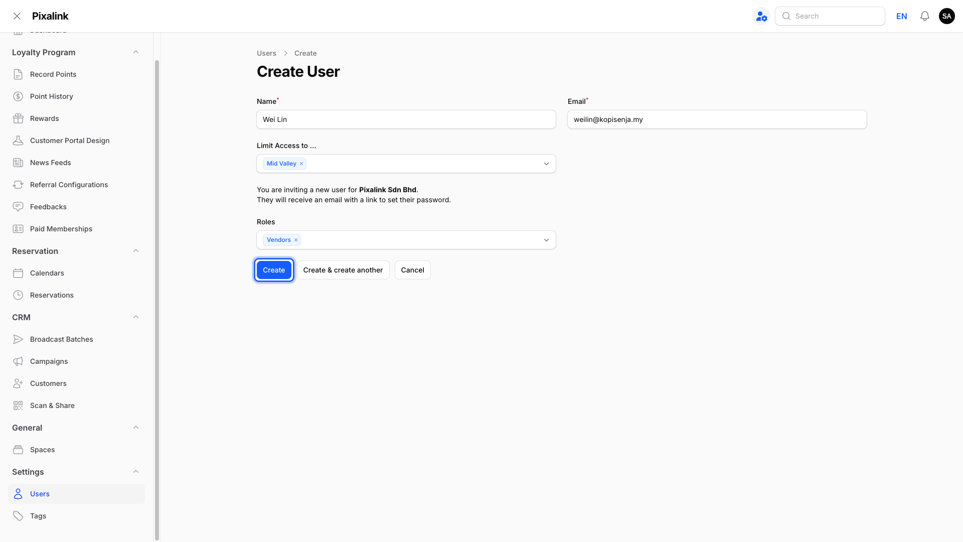 Step 5: The Create button highlighted on the completed user form