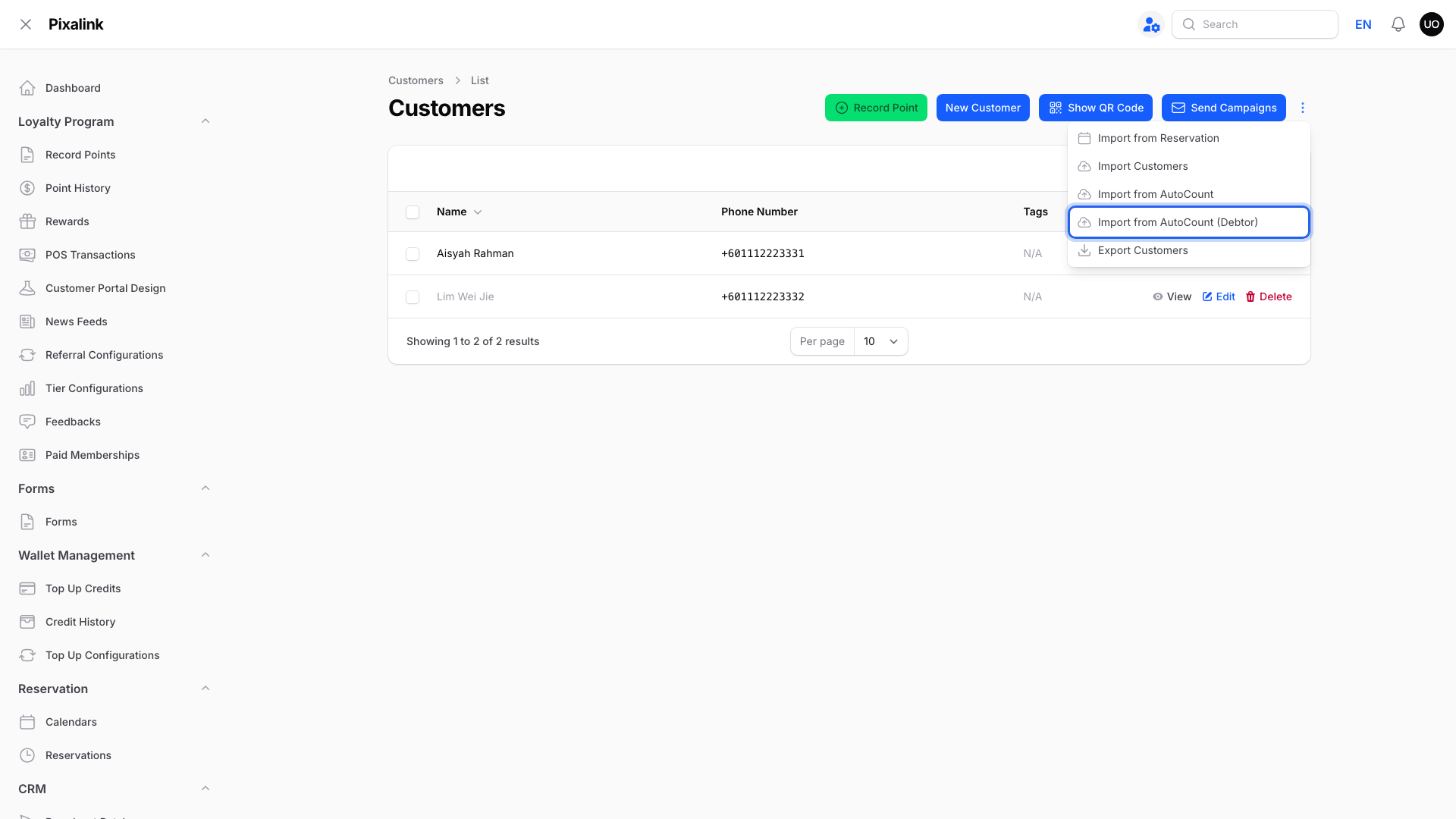 Import from AutoCount (Debtor) highlighted in the Customers actions menu