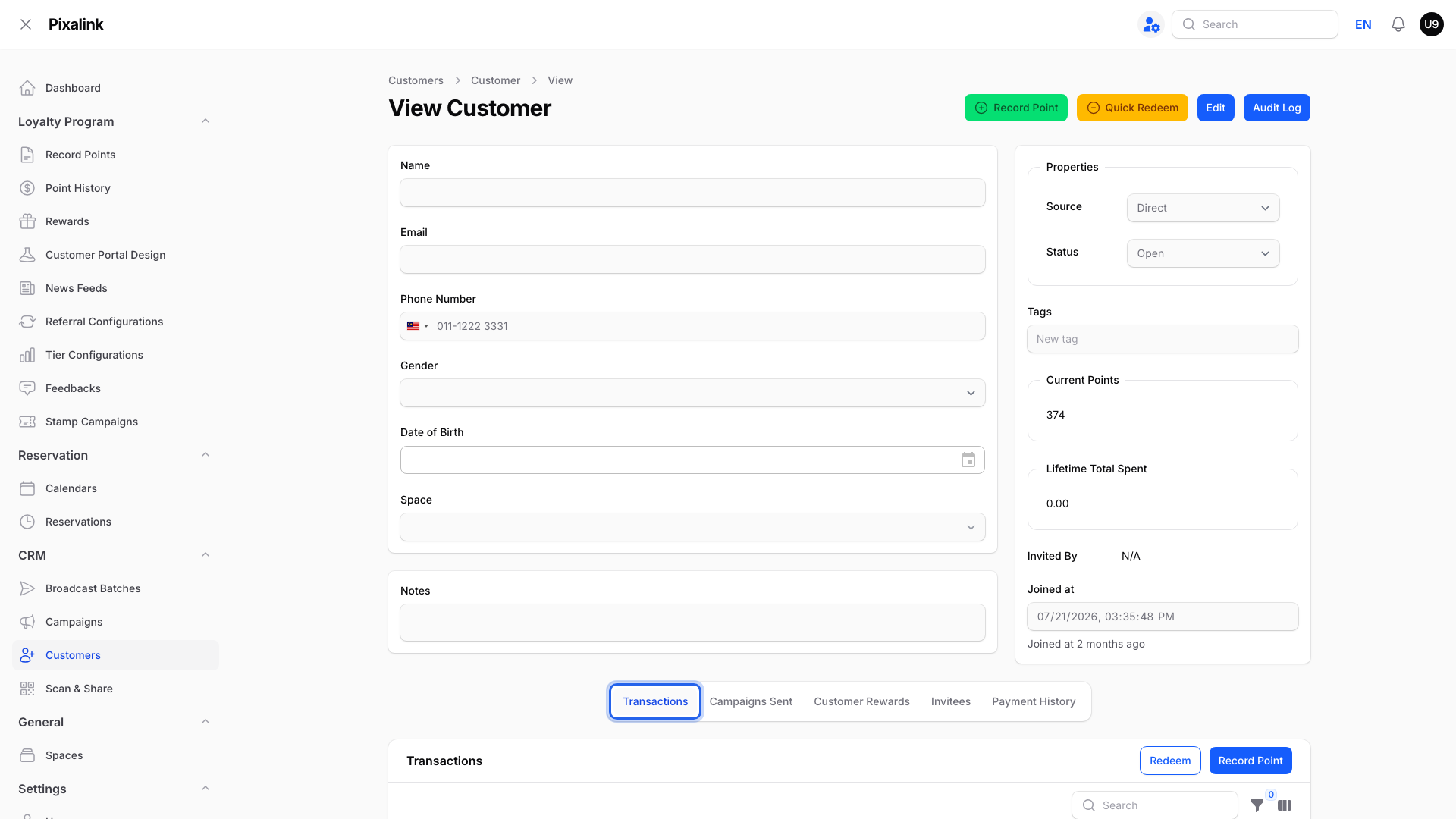 The Transactions tab highlighted on a customer's page, where point reversals and restores are listed