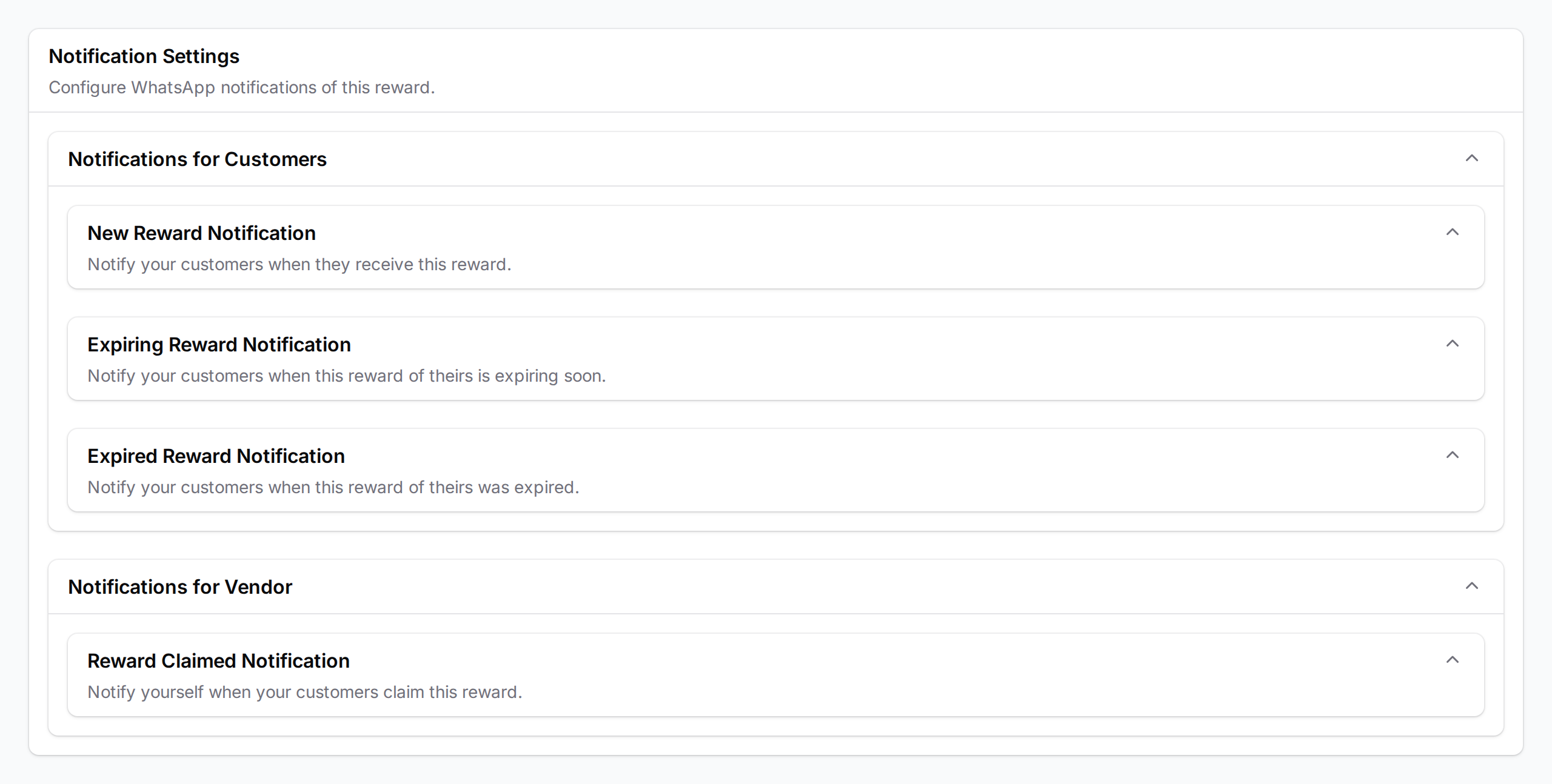 Step 5: Notifications tab showing customer notification sections for New Reward, Expiring Reward, Expired Reward, and vendor Reward Claimed Notification
