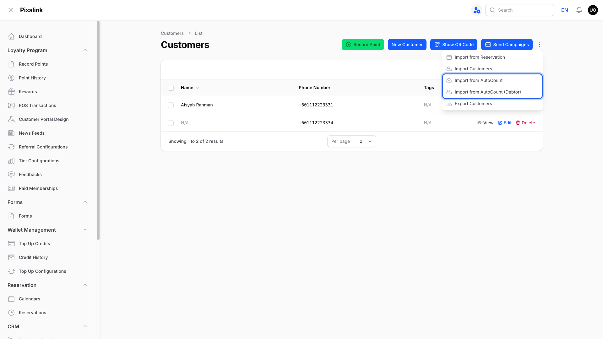 Step 2: The menu on the Customers page open, with Import from AutoCount and Import from AutoCount (Debtor) highlighted