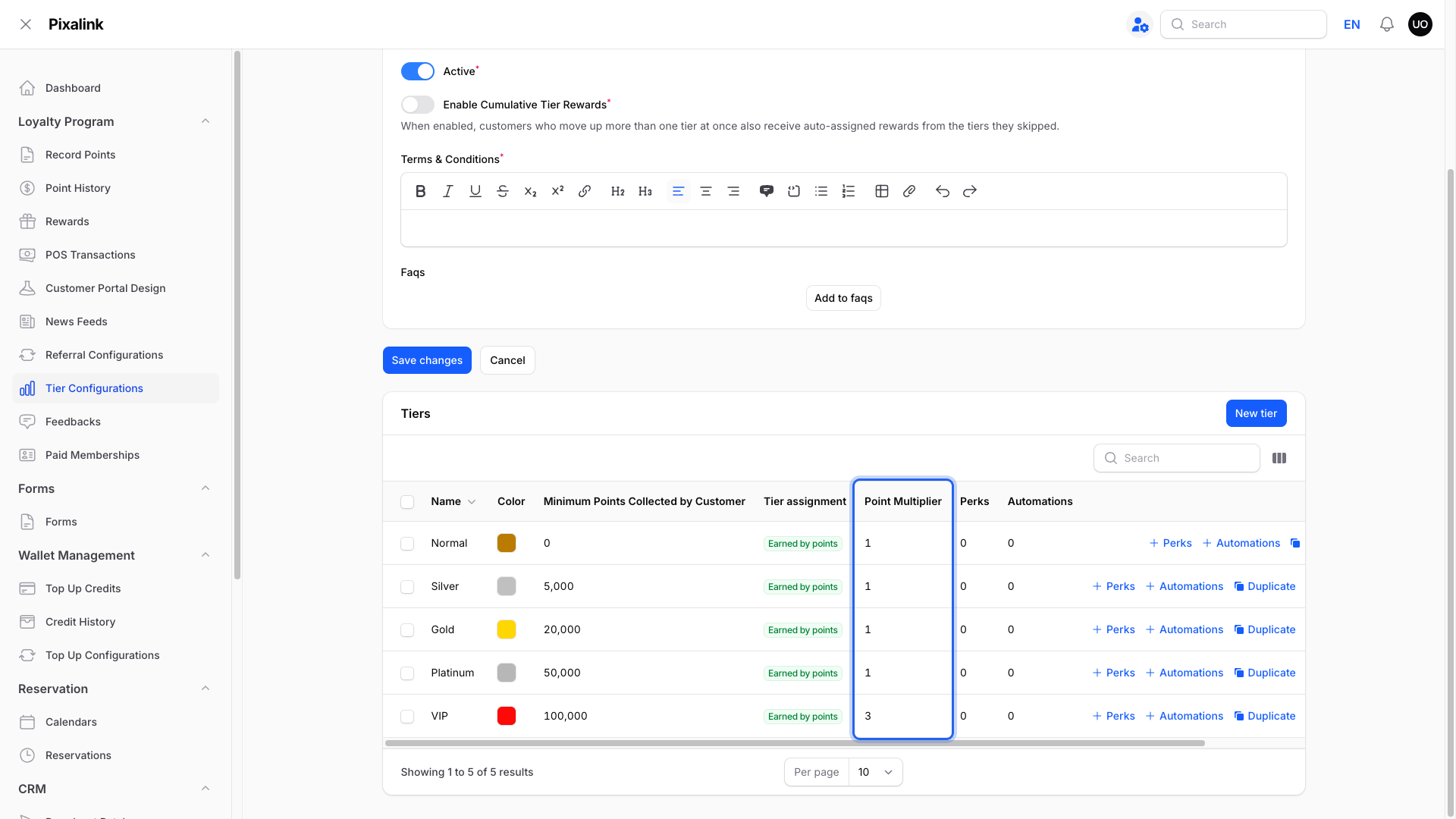 Step 3: The Tiers table on the Edit Tier Configuration page with the Point Multiplier column highlighted