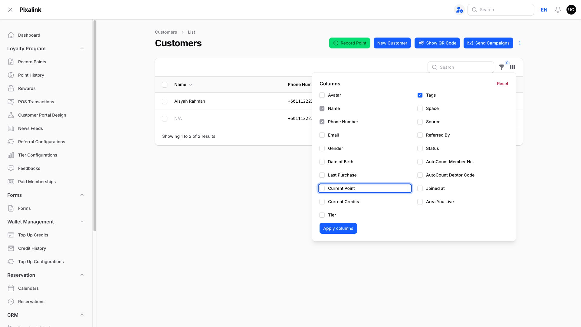 Step 5: The Columns panel on the Customers list with the Current Point option highlighted