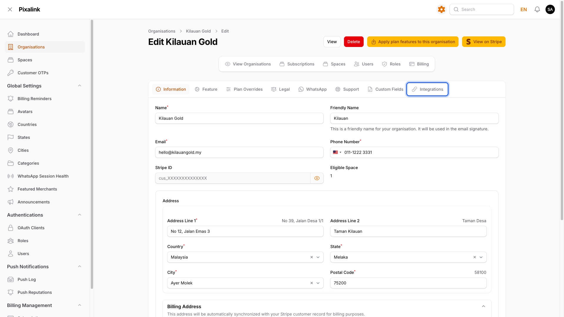 Step 1: The Integrations tab highlighted on the business's settings page in the Pixalink panel