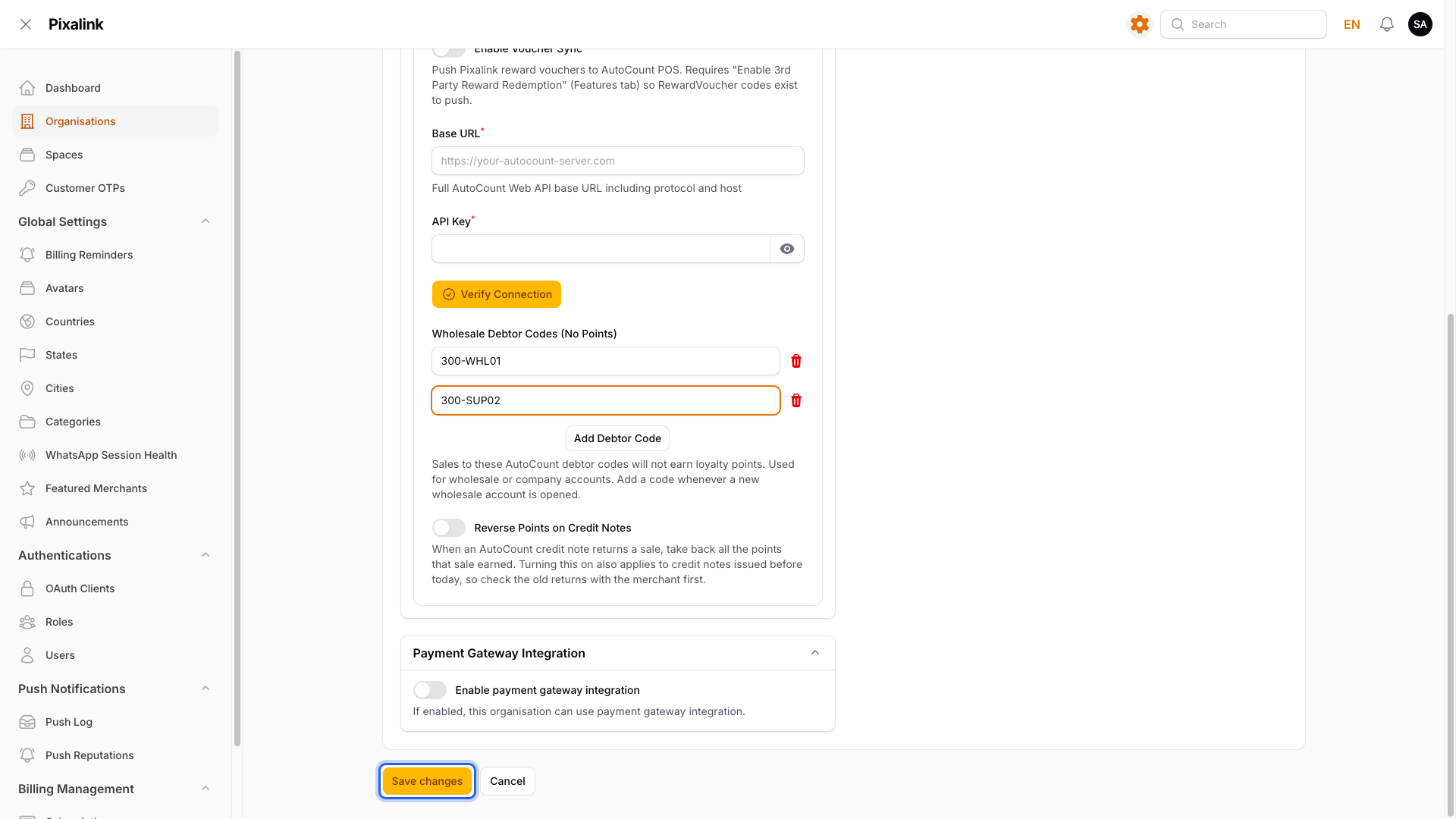 Step 4: The Save changes button highlighted, with the two debtor codes entered above it