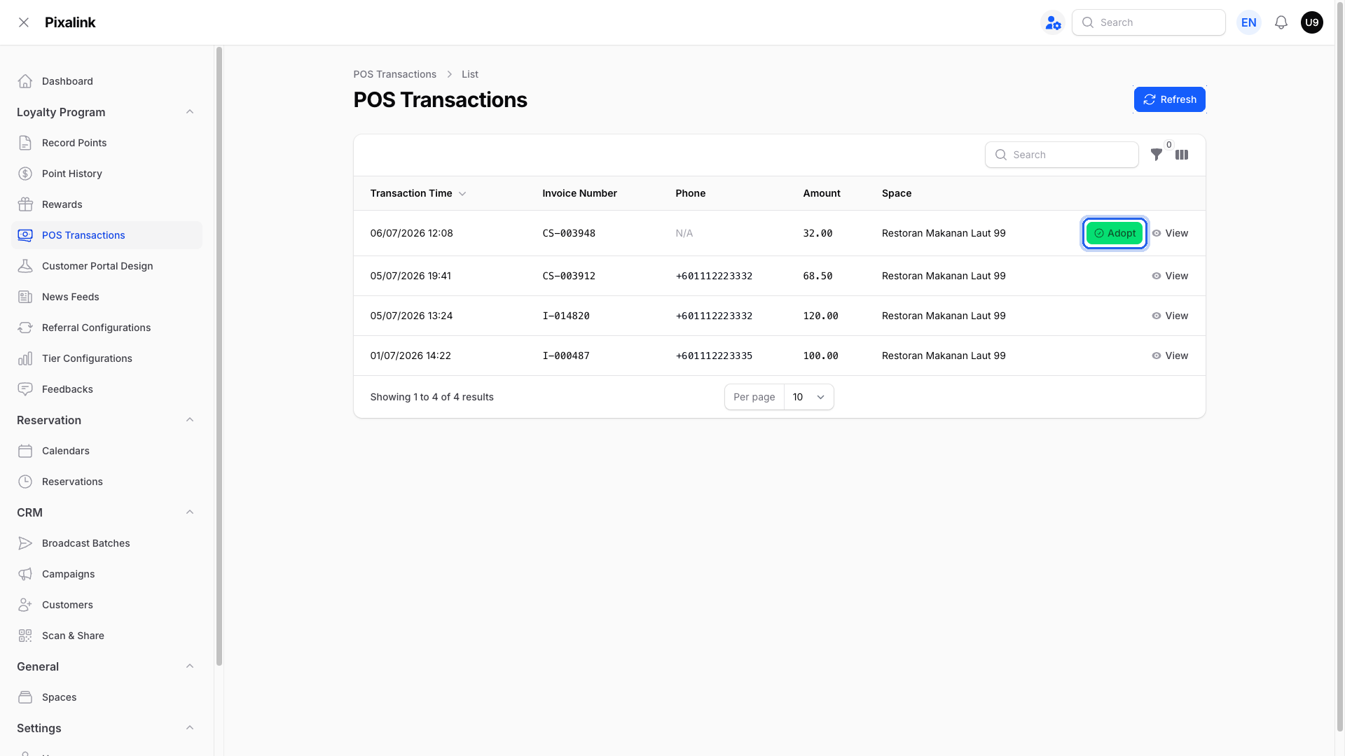 Step 4: The POS Transactions list with matched AutoCount sales and the Adopt button highlighted on a Pending sale