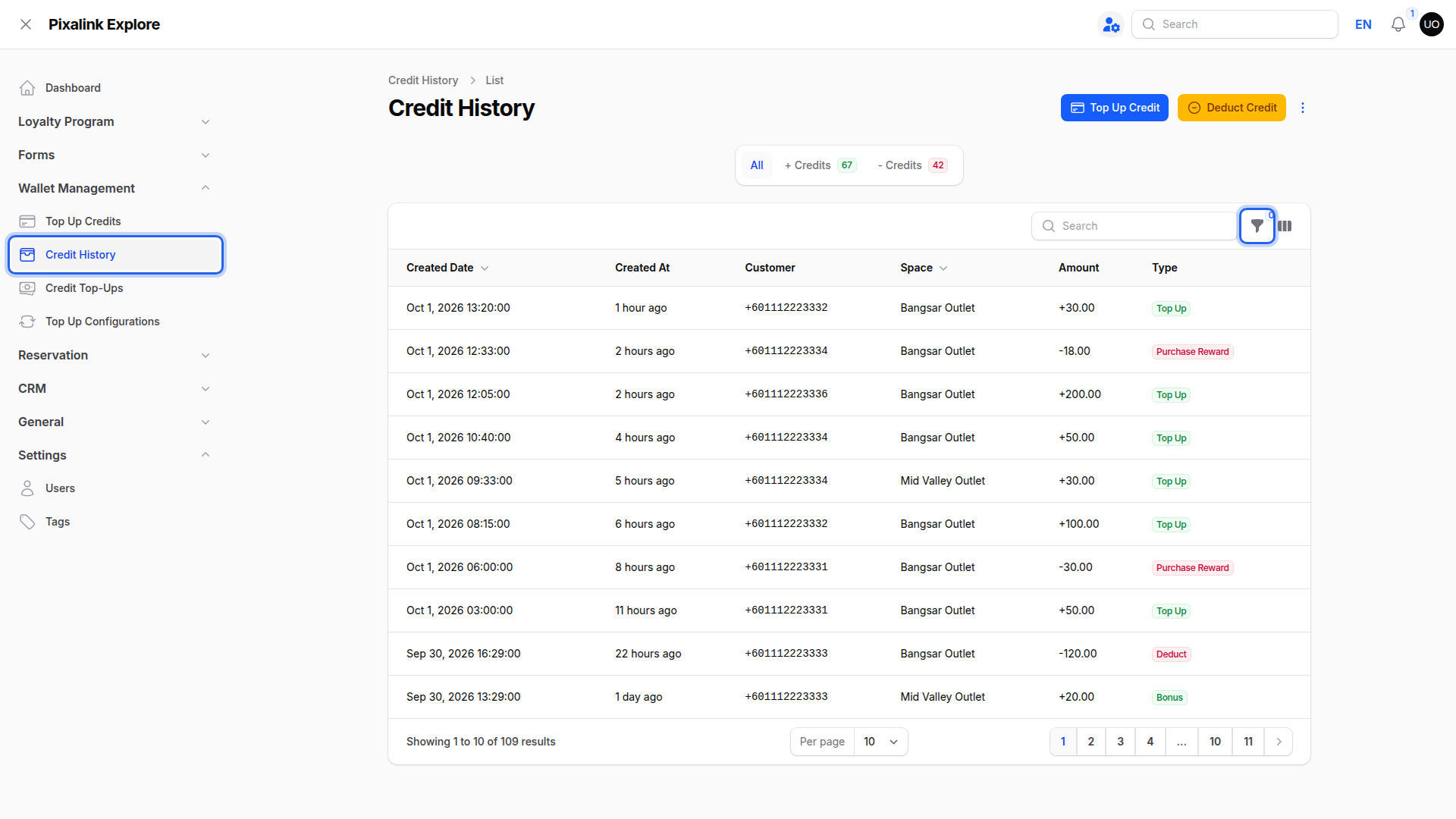 Step 1: Credit History open under Wallet Management, with the Filter button highlighted