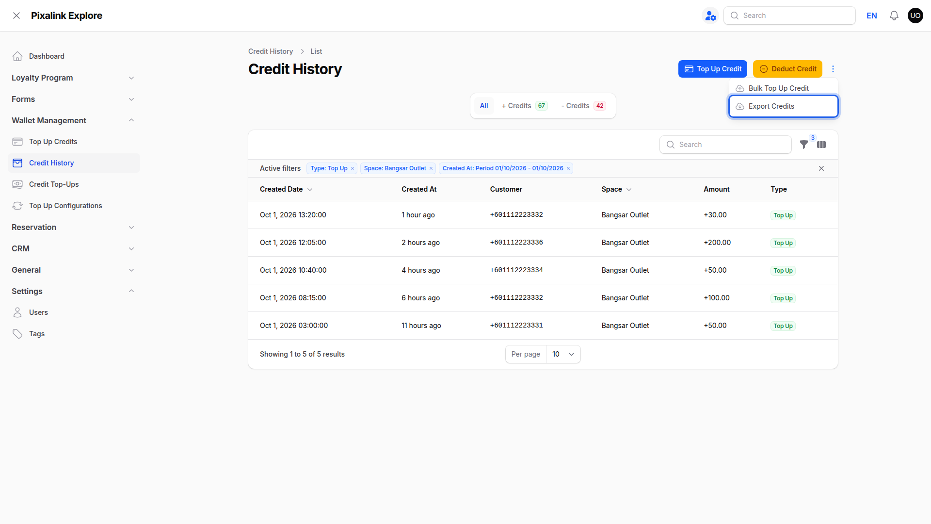 Step 3: The three-dot menu opened with Export Credits highlighted above the filtered top-up list