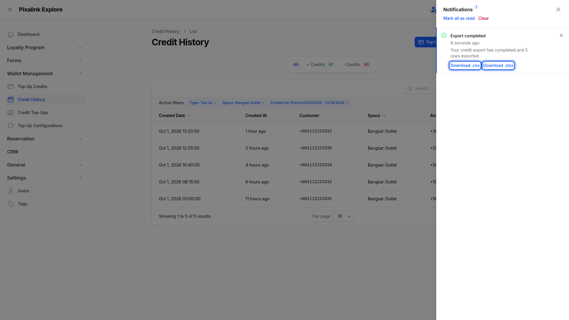 Step 5: The bell notifications panel showing Export completed with Download .csv and Download .xlsx highlighted
