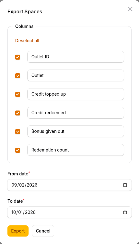 Step 8: The settlement summary export window (titled Export Spaces) with per-outlet columns and From date and To date fields