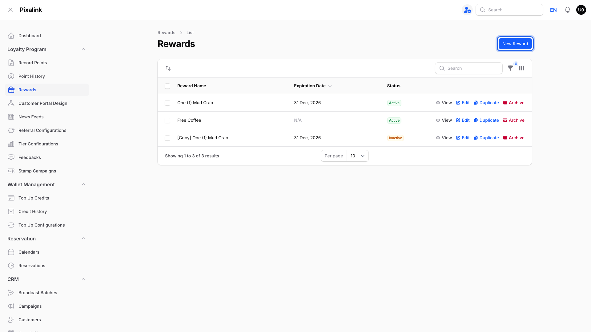 Rewards list in the admin panel with the New Reward button highlighted