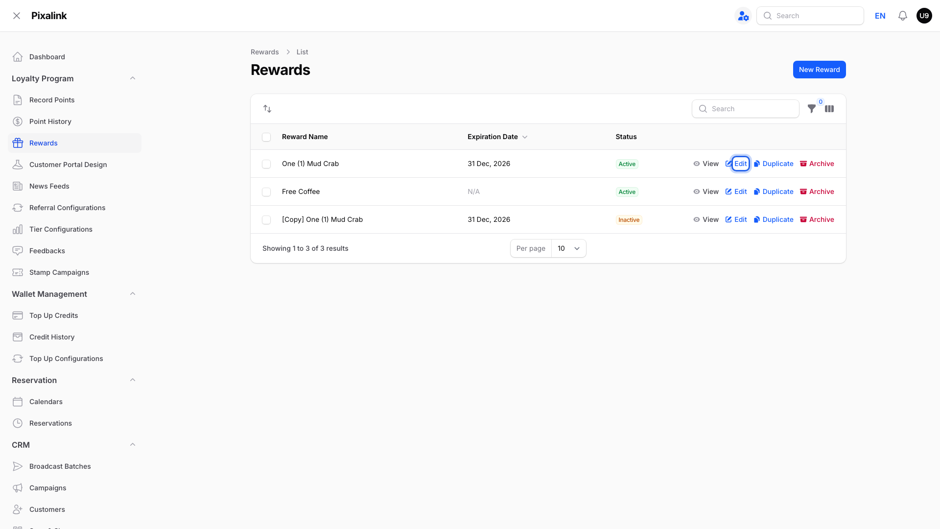 Rewards list in the admin panel with the Edit action on a reward highlighted