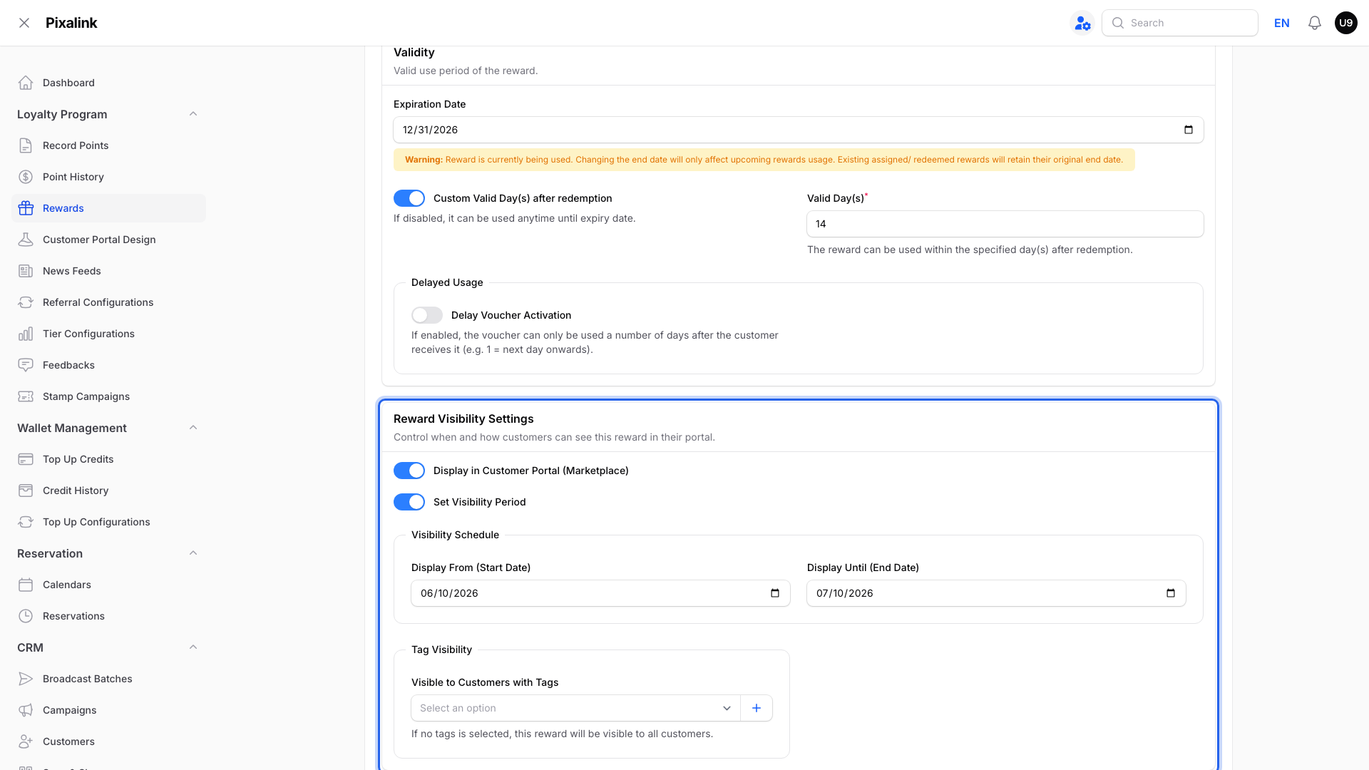 Reward Settings tab with the Reward Visibility Settings section highlighted, showing Display in Customer Portal, Set Visibility Period and Tag Visibility